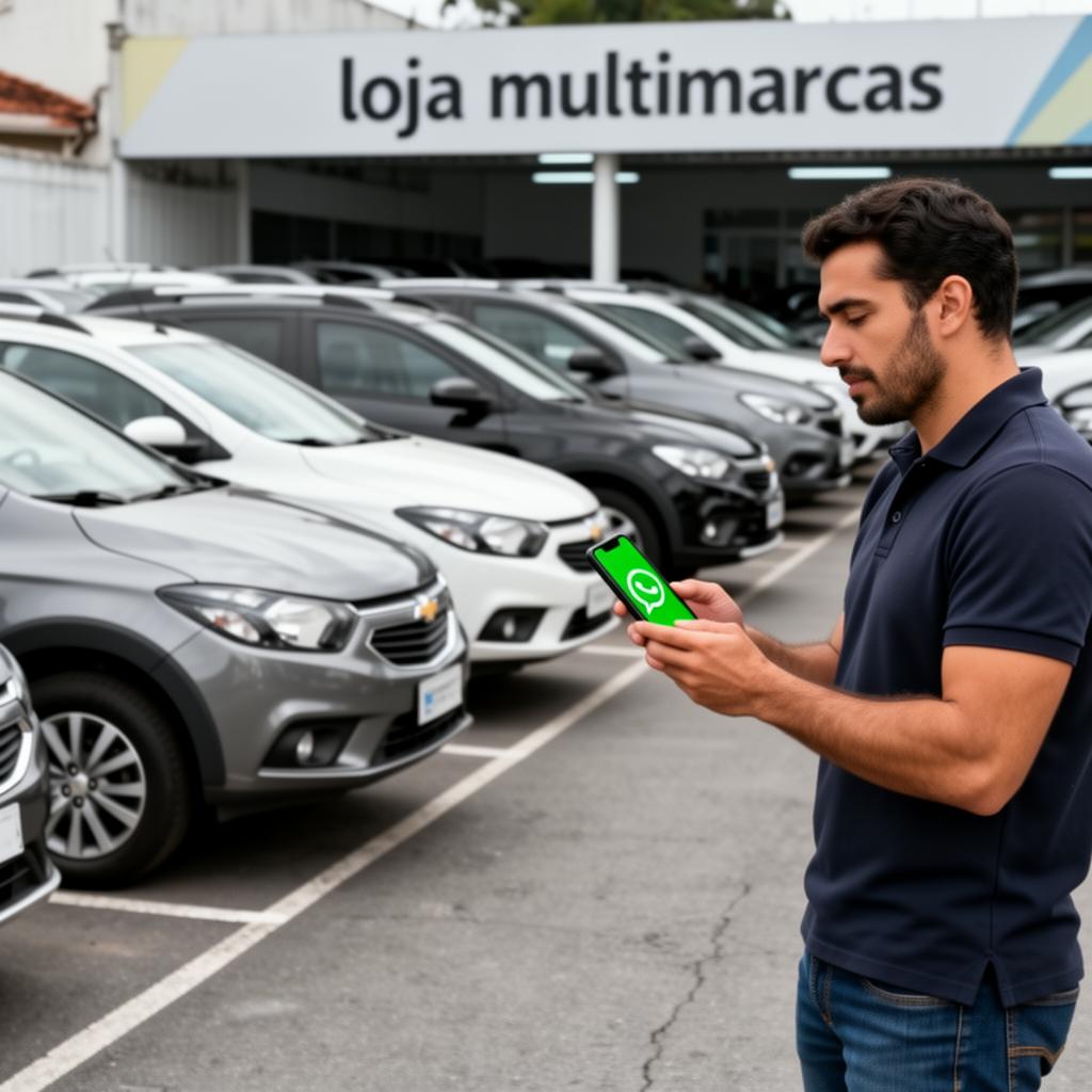 Loja multimarcas brasileira com pátio de seminovos e vendedor atendendo no WhatsApp